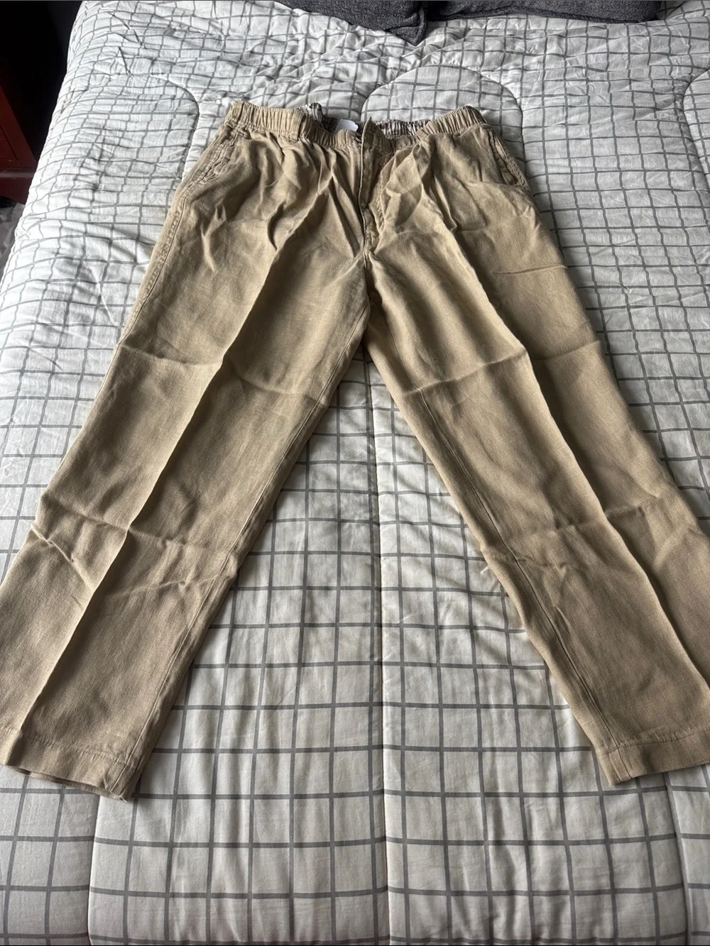Men's Elastic-Waist Khaki Chinos — Tan Stretch linen -XL 30